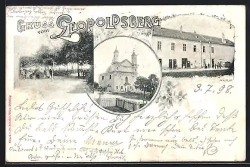 Lithographie Wien, Leopoldsberg, Gasthaus und Kirche