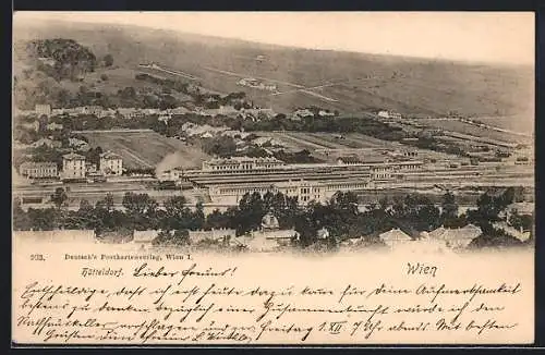 AK Wien, Hütteldorf, Ortsansicht mit Bahnhof aus der Vogelschau