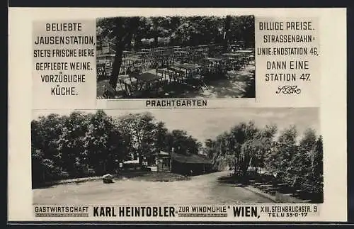 AK Wien, Gasthaus Zur Windmühle, Inh. Karl Heintobler, Aussenansicht, Ansicht des Prachtgartens