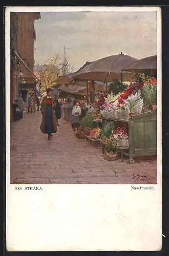 Künstler-AK Josef Straka: Wien, Naschmarkt, Blumenstand