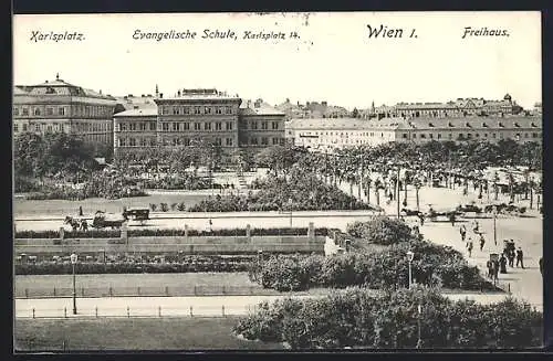 AK Wien, Karlsplatz mit Freihaus und Evangelischer Schule