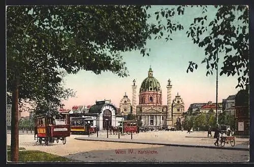 AK Wien, Karlskirche, Strassenbahn an der Haltestelle