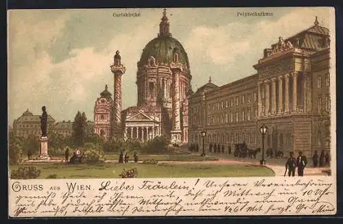 Lithographie Wien, Carlskirche und Polytechnikum