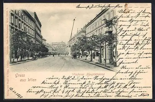 AK Wien, Wiedener Hauptstrasse mit Litfasssäule