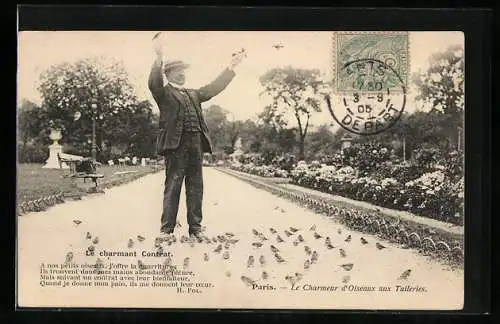 AK Paris, Le Charmeur d`Oiseaux aux Tuileries, Le charmant Contrat