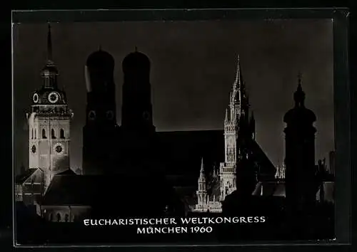 AK München, Eucharistischer Weltkongress 1960, Frauenkirche bei Nacht