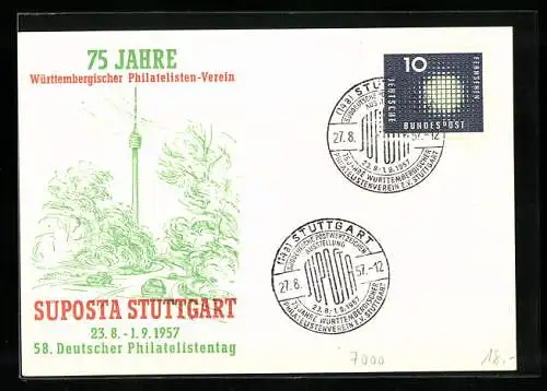 Künstler-AK Stuttgart, Süposta 1957-58. Deutscher Philatelistentag, 75 Jahre Württembergischer Philatelisten-Verein