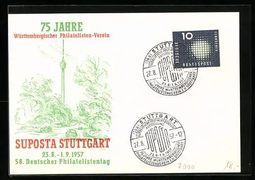 Künstler-AK Stuttgart, Süposta 1957-58. Deutscher Philatelistentag, 75 Jahre Württembergischer Philatelisten-Verein