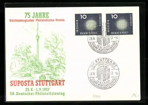 Künstler-AK Stuttgart, Süposta 1957-58. Deutscher Philatelistentag, 75 Jahre Württembergischer Philatelisten-Verein