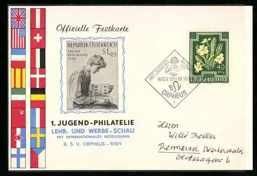 Künstler-AK Wien, 1. Jugend-Philatelie Lehr- und Werbe-Schau, Briefmarke, Flaggen von England, Amerika und der Schweiz