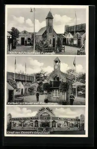 AK Dietrich`s Liliputstadt, Kirche mit Postamt und Poststrasse, Rathaus mit Markt und Rathausstrasse