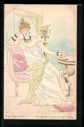 Künstler-AK Les Modes du XIX Siècle - 1804, Dame mit Fächer in einem Kleid von 1804