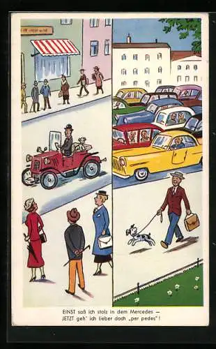 AK Mercedesfahrer geht heute aufgrund überfüllter Strassen mit seinem Hund zu Fuss