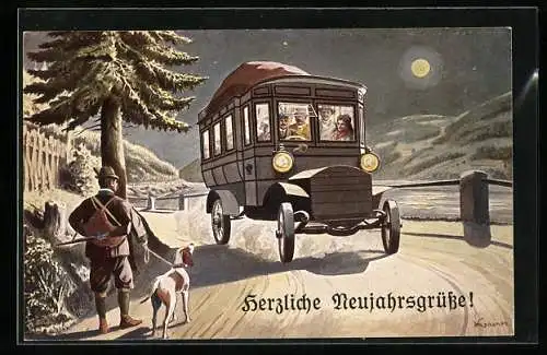 AK Jäger mit Hund und Postwagen, K. K. Automobilpost 1908