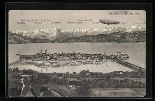 AK Lindau / Bodensee, von Aeschau aus gesehen, Panorama mit Zeppelin