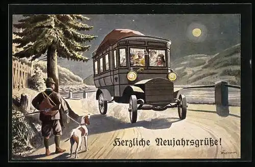 AK Jäger mit Hund und Postwagen, K. K. Automobilpost 1908