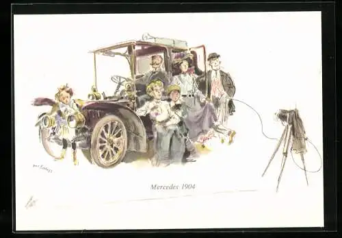 Künstler-AK Familie fotografiert sich in Mercedes-Automobil, Fotoapparat, 1904