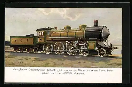 AK Vierzylinder-Doppelzwilling-Schnellzuglokomotive der Niederländischen Zentralbahn, seitliche Perspektive