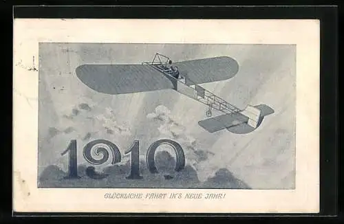 AK Ein Mann im Eindecker-Flugzeug hebt grüssend den Hut, Neujahrskarte 1910