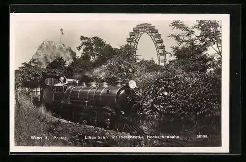 AK Wien, Prater, Liliputbahn mit Riesenrad und Hochschaubahn