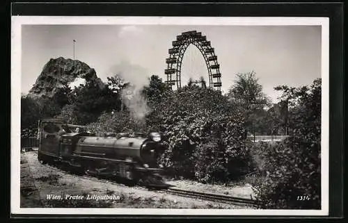 AK Wien, Prater, Die Liliputbahn mit dem Riesenrad