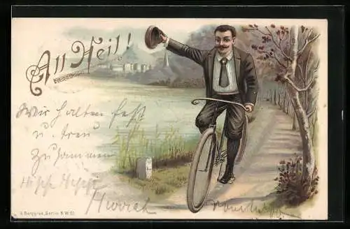 Lithographie All Heil!, Fahrradfahrer nimmt zum Gruss seinen Hut vom Kopf