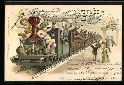 Lithographie Elberfeld, Münchner Hofbräuhaus, Eisenbahn voll mit Trinkgästen