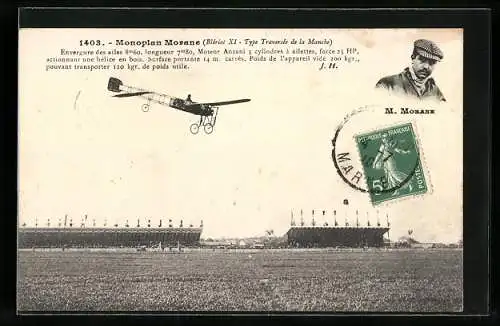 AK Monoplan Morane (Blériot XI, Type Traversée de la Manche) en plein vol