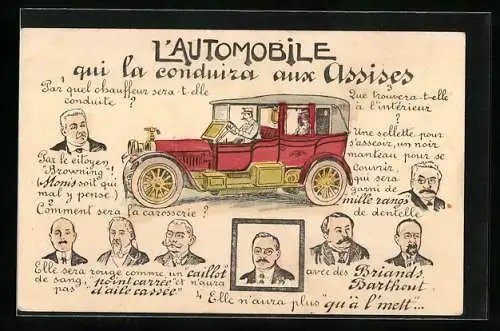 AK L`automobile qui la conduira aux Assises, französische Politker, Karikatur, Briand