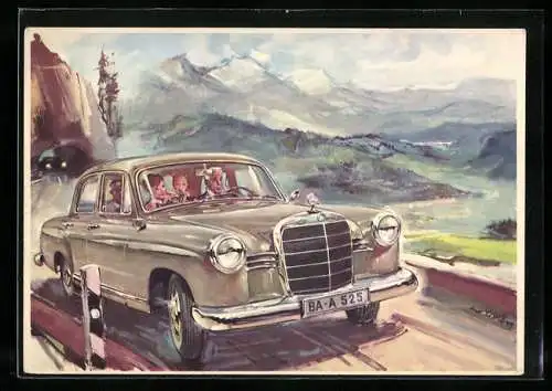 AK Familie in Mercedes Benz 180 im Hochgebirge