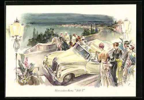 AK vornehmes Paar entsteigt Mercedes Benz 300 S an schöner Promenade, Pferde