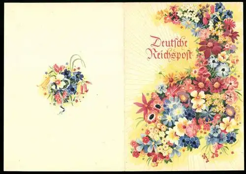 Telegramm Deutsche Reichspost, 1941, Bunte Blumenmuster auf der Aussenseite, Handschriftliche Nachricht innen