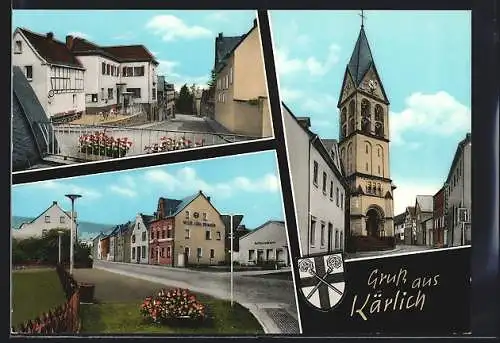 AK Kärlich, Ortsansicht, Strassenpartie mit Kirche