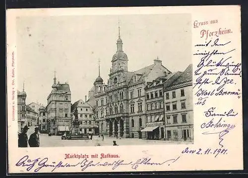 AK Pforzheim, Marktplatz mit Rathaus