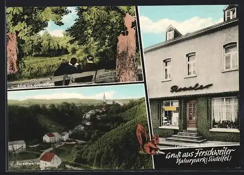 AK Ferschweiler /Kr. Bitburg, Bäckerei u. Lebensmittelgeschäft Rossler, Ortsansicht aus der Vogelschau