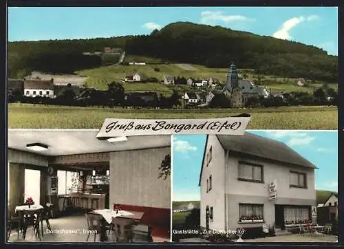 AK Bongard, Gasthaus Pension zur Dorfschenke, Aussen- u. Innenansicht, Ortspanorama
