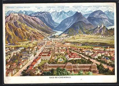 Künstler-AK Bad Reichenhall, Ortsansicht mit Bergpanorama