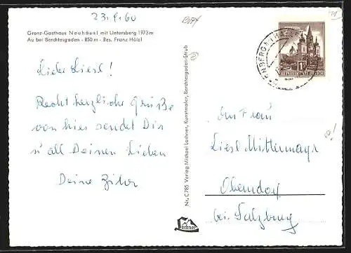 AK Au b. Berchtesgaden, Grenz-Gasthaus Neuhäusl mit Untersberg, Bes. Franz Hölzl
