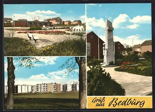 AK Bedburg, Wohnhäuser, Kreuz und Platz mit Springbrunnen