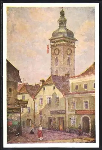 Künstler-AK Budweis, Priestergasse mit Stadtturm