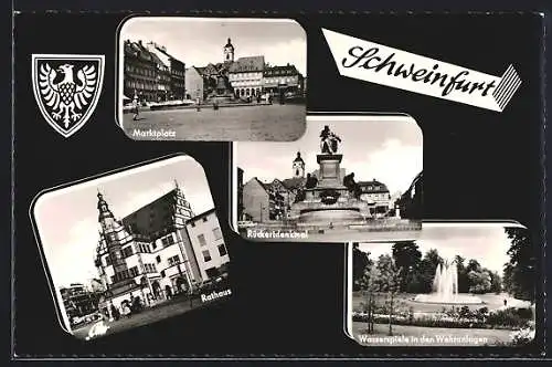 AK Schweinfurt, Marktplatz, Wasserspiele Wehranlagen, Wappen