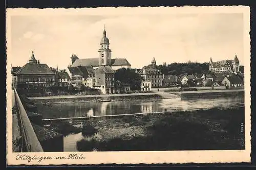 AK Kitzingen am Main, Uferpartie mit Kirche