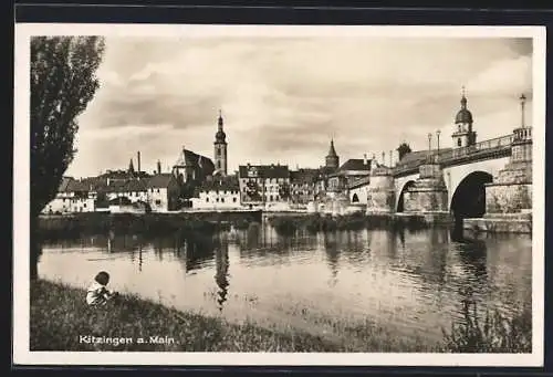 AK Kitzingen a. Main, Uferpartie mit Kirche