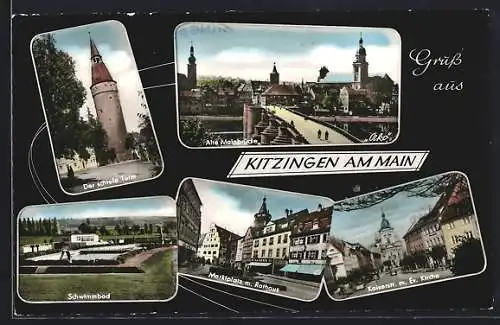 AK Kitzingen am Main, Marktplatz mit Kaiser`s Kaffe-Geschäft und Rathaus, Schwimmbad, Alte Mainbrücke