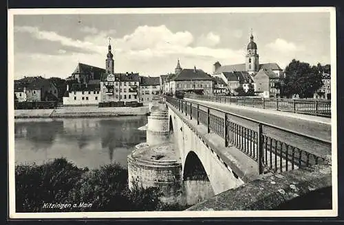 AK Kitzingen a. Main, Uferpartie mit Kirche und Brücke