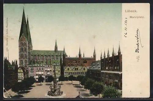 AK Lübeck, Marktplatz mit Brunnen