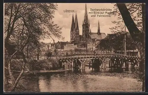 AK Lübeck, Dankwortsbrücke mit Blick auf Marien- und Petrikirche