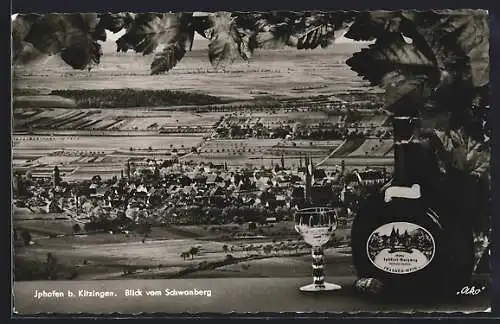 AK Iphofen b. Kitzingen, Blick vom Schwanberg auf den Ort, Flasche Franken-Wein