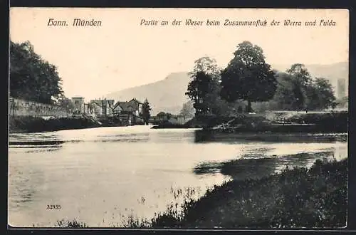 AK Hann. Münden, Weser beim Zusammenfluss der Werra und Fulda