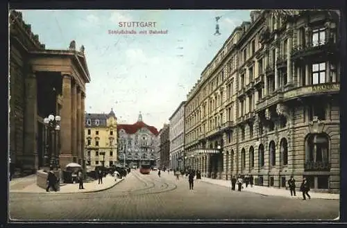 AK Stuttgart, Schlossstrasse mit Bahnhof